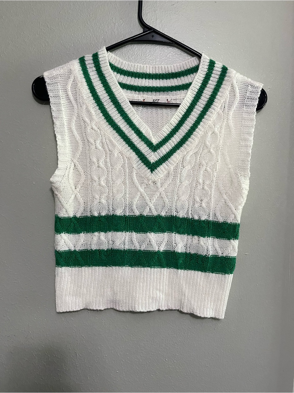 White V-Neck Cable Knit Sleeveless Sweater with Green Stripe Detail